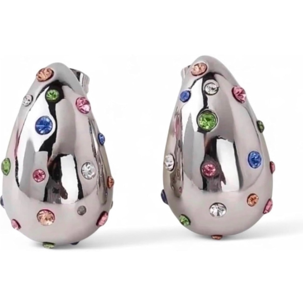 18k White Gold Plated Multi Crystal Dome Clip Earrings - Women Jewelry